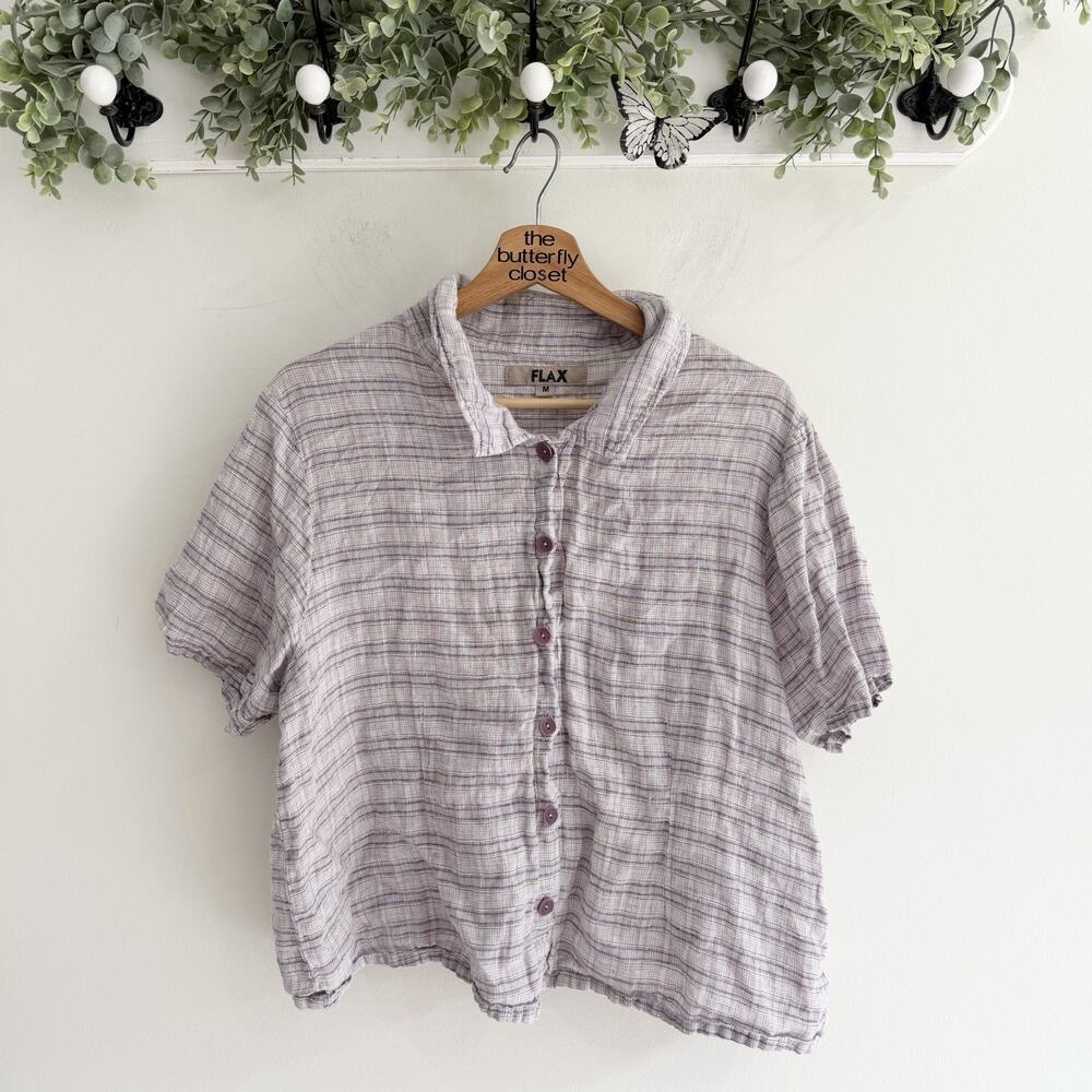 Flax 100% Linen Purple Plaid Button Down Crop Shirt Medium bohemian ii5825
